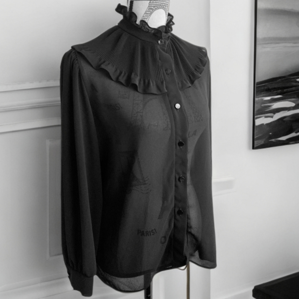 Elegant collar black blouse MEDIUM